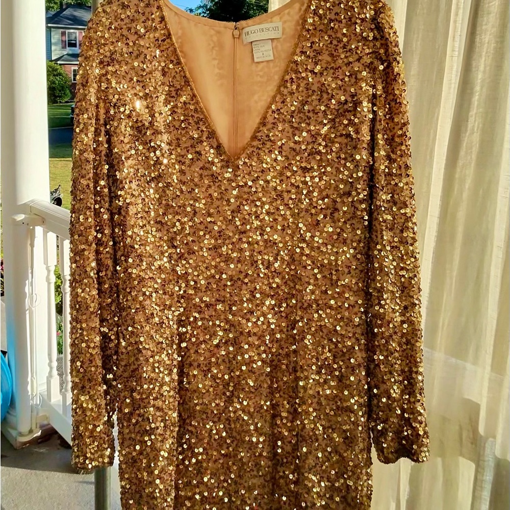 Hugo Buscati Gold Sequin V-Neck, Long Sleeve Mini Dress